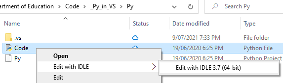 Screenshot of a right click in Windows Explorer on a Python file