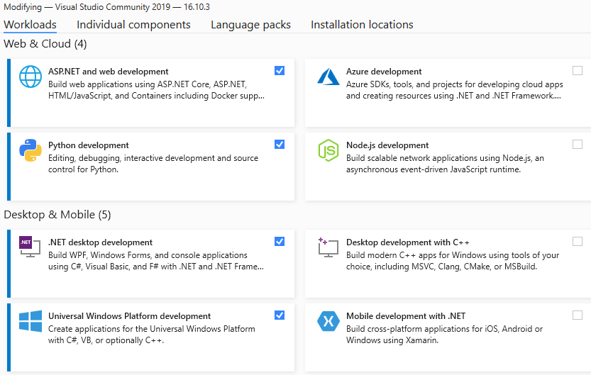 Image of the 4 Visual Studio components