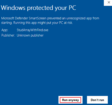 Image of 'Windows protected your PC' dialog box. Use the 'Run anyway' option 